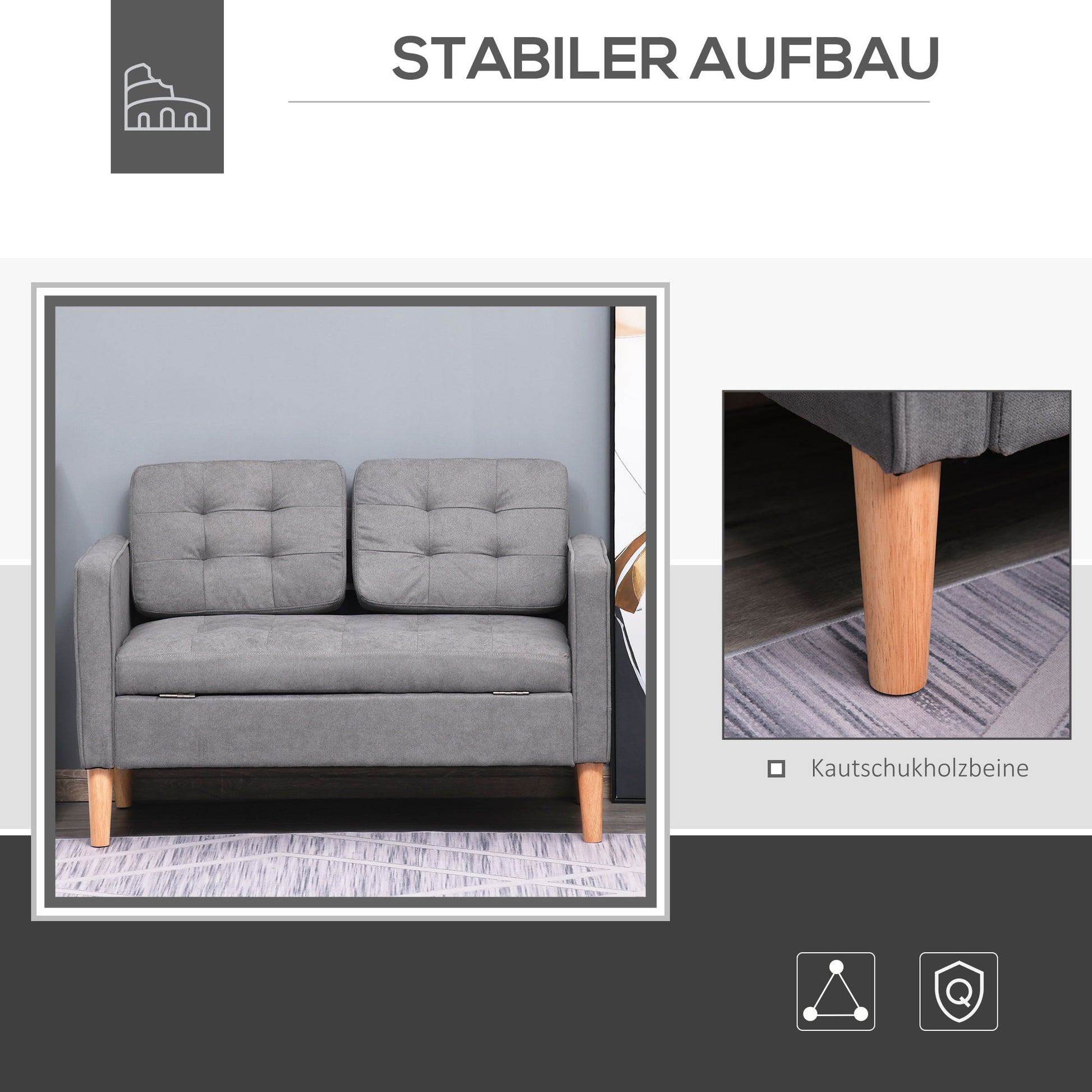 2 Seater Sofa, Couch with Storage, Wooden Legs, Padded Sofa with Velvet Look for Living Room, Bedroom, 117 x 62 x 78 cm, Gray