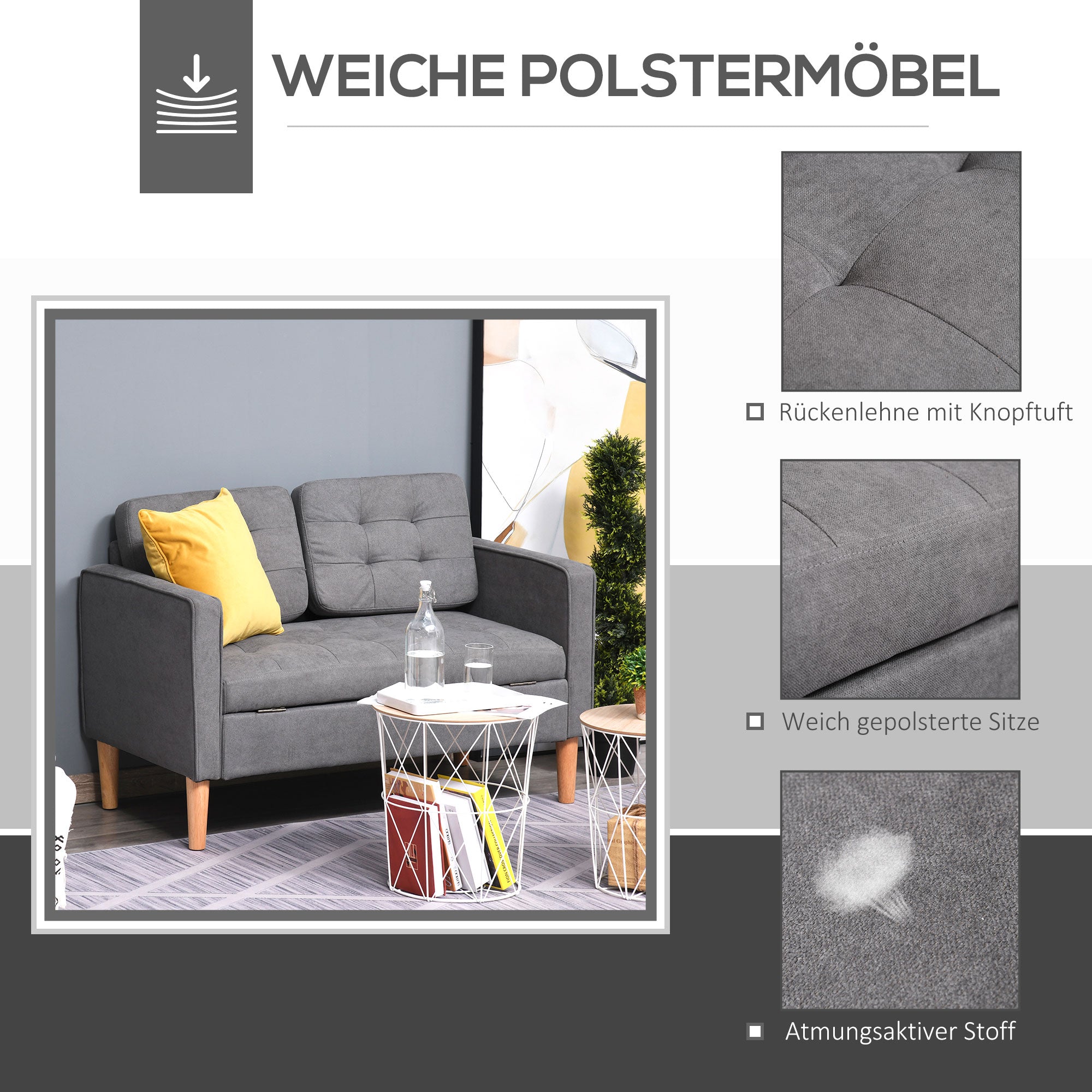 2 Seater Sofa, Couch with Storage, Wooden Legs, Padded Sofa with Velvet Look for Living Room, Bedroom, 117 x 62 x 78 cm, Gray