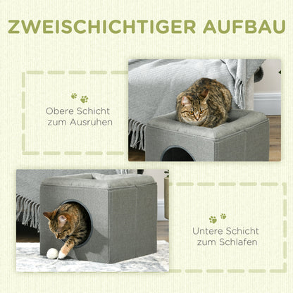 Cat Cave Cat House with 2 Levels, Cat Bed with Cushion, Dog House for Cats up to 5 kg, 36.5 x 36.5 x 33 cm, Green