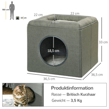 Cat Cave Cat House with 2 Levels, Cat Bed with Cushion, Dog House for Cats up to 5 kg, 36.5 x 36.5 x 33 cm, Green