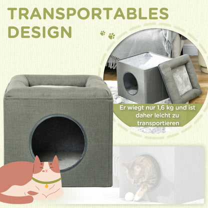 Cat Cave Cat House with 2 Levels, Cat Bed with Cushion, Dog House for Cats up to 5 kg, 36.5 x 36.5 x 33 cm, Green