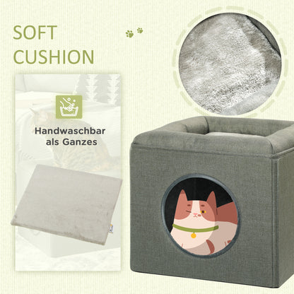 Cat Cave Cat House with 2 Levels, Cat Bed with Cushion, Dog House for Cats up to 5 kg, 36.5 x 36.5 x 33 cm, Green