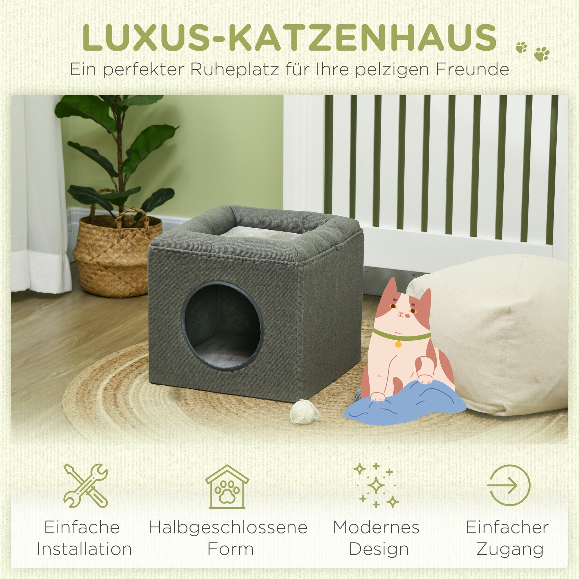 Cat Cave Cat House with 2 Levels, Cat Bed with Cushion, Dog House for Cats up to 5 kg, 36.5 x 36.5 x 33 cm, Green