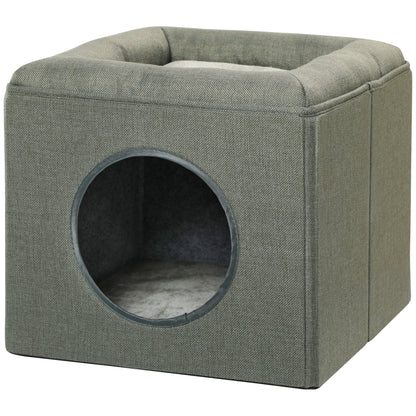 Cat Cave Cat House with 2 Levels, Cat Bed with Cushion, Dog House for Cats up to 5 kg, 36.5 x 36.5 x 33 cm, Green
