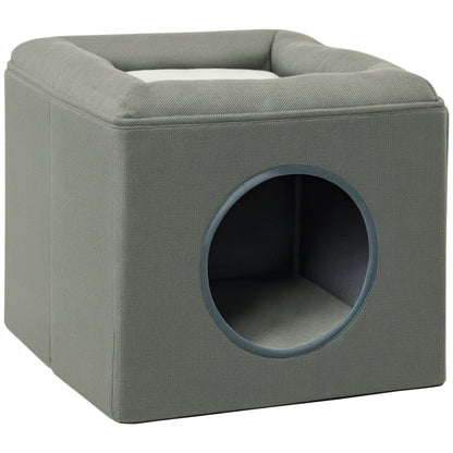 Cat Cave Cat House with 2 Levels, Cat Bed with Cushion, Dog House for Cats up to 5 kg, 36.5 x 36.5 x 33 cm, Green