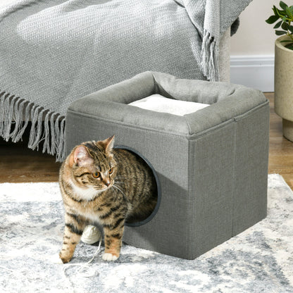 Cat Cave Cat House with 2 Levels, Cat Bed with Cushion, Dog House for Cats up to 5 kg, 36.5 x 36.5 x 33 cm, Green