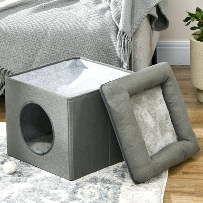 Cat Cave Cat House with 2 Levels, Cat Bed with Cushion, Dog House for Cats up to 5 kg, 36.5 x 36.5 x 33 cm, Green
