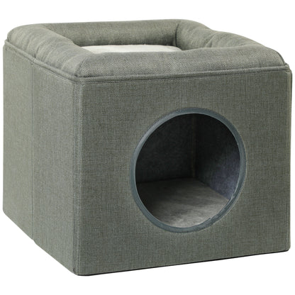 Cat Cave Cat House with 2 Levels, Cat Bed with Cushion, Dog House for Cats up to 5 kg, 36.5 x 36.5 x 33 cm, Green