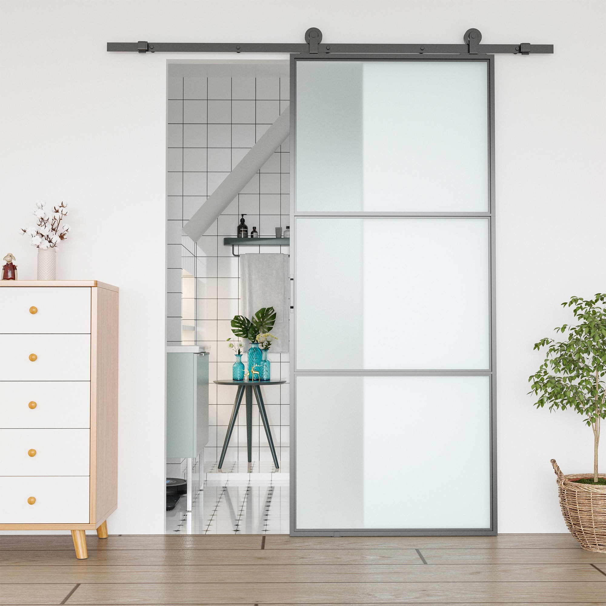 Sliding Door Complete Set, 2m Hardware Kit with Brackets, Rails, Pipe Clamps, Anti-jump Devices Sliding Door System, Carbon Steel Door Screw Set, Black
