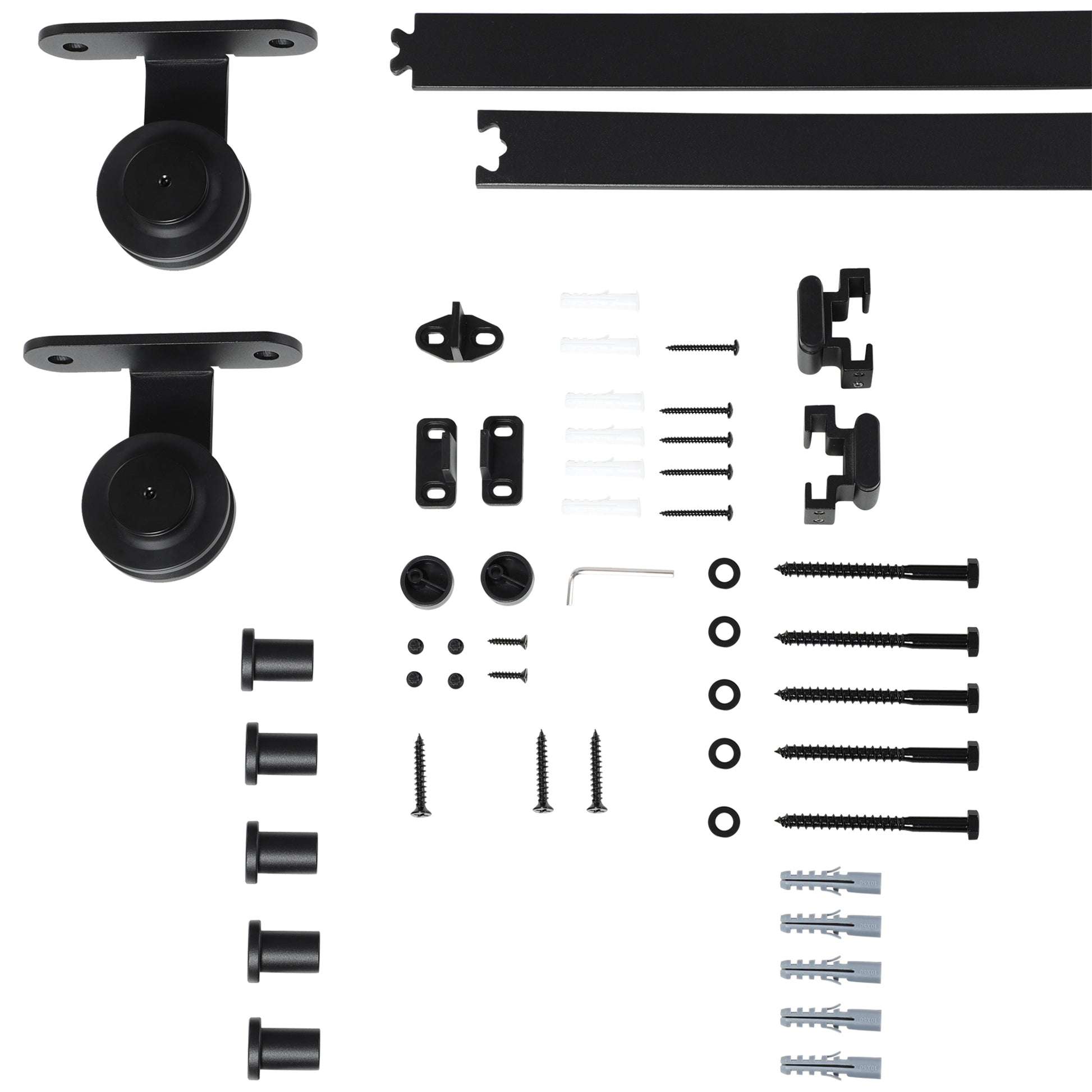 Sliding Door Complete Set, 2m Hardware Kit with Brackets, Rails, Pipe Clamps, Anti-jump Devices Sliding Door System, Carbon Steel Door Screw Set, Black