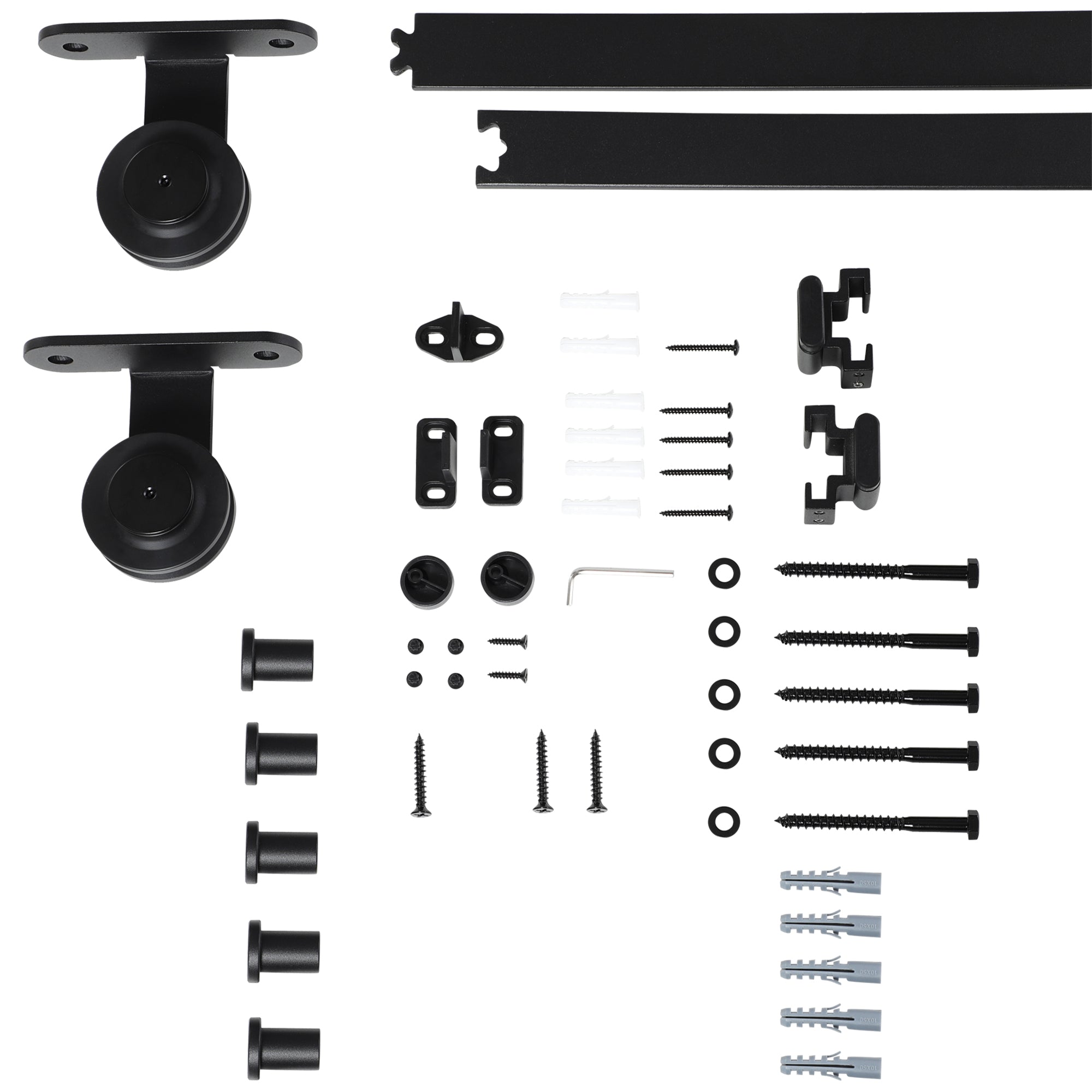 Sliding Door Complete Set, 2m Hardware Kit with Brackets, Rails, Pipe Clamps, Anti-jump Devices Sliding Door System, Carbon Steel Door Screw Set, Black