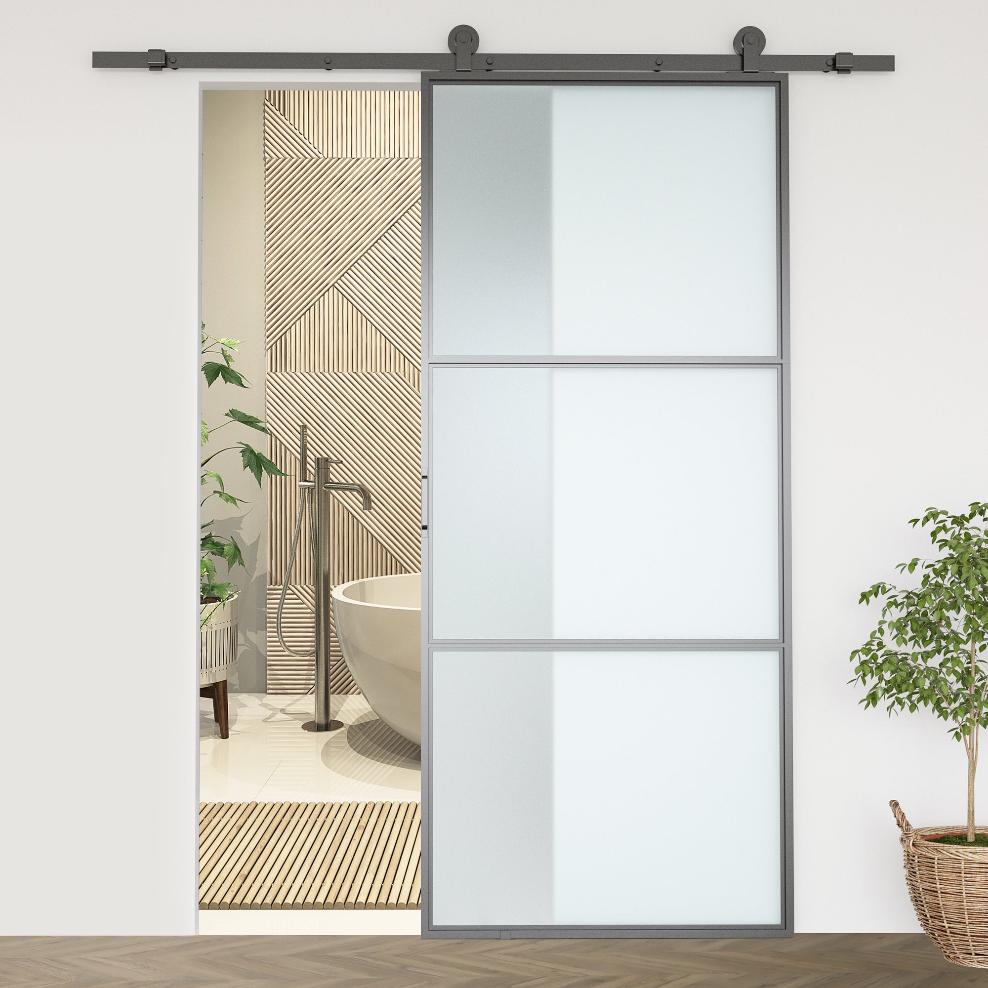 Sliding Door Complete Set, 2m Hardware Kit with Brackets, Rails, Pipe Clamps, Anti-jump Devices Sliding Door System, Carbon Steel Door Screw Set, Black