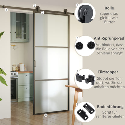 Sliding Door Complete Set, 2m Hardware Kit with Brackets, Rails, Pipe Clamps, Anti-jump Devices Sliding Door System, Carbon Steel Door Screw Set, Black