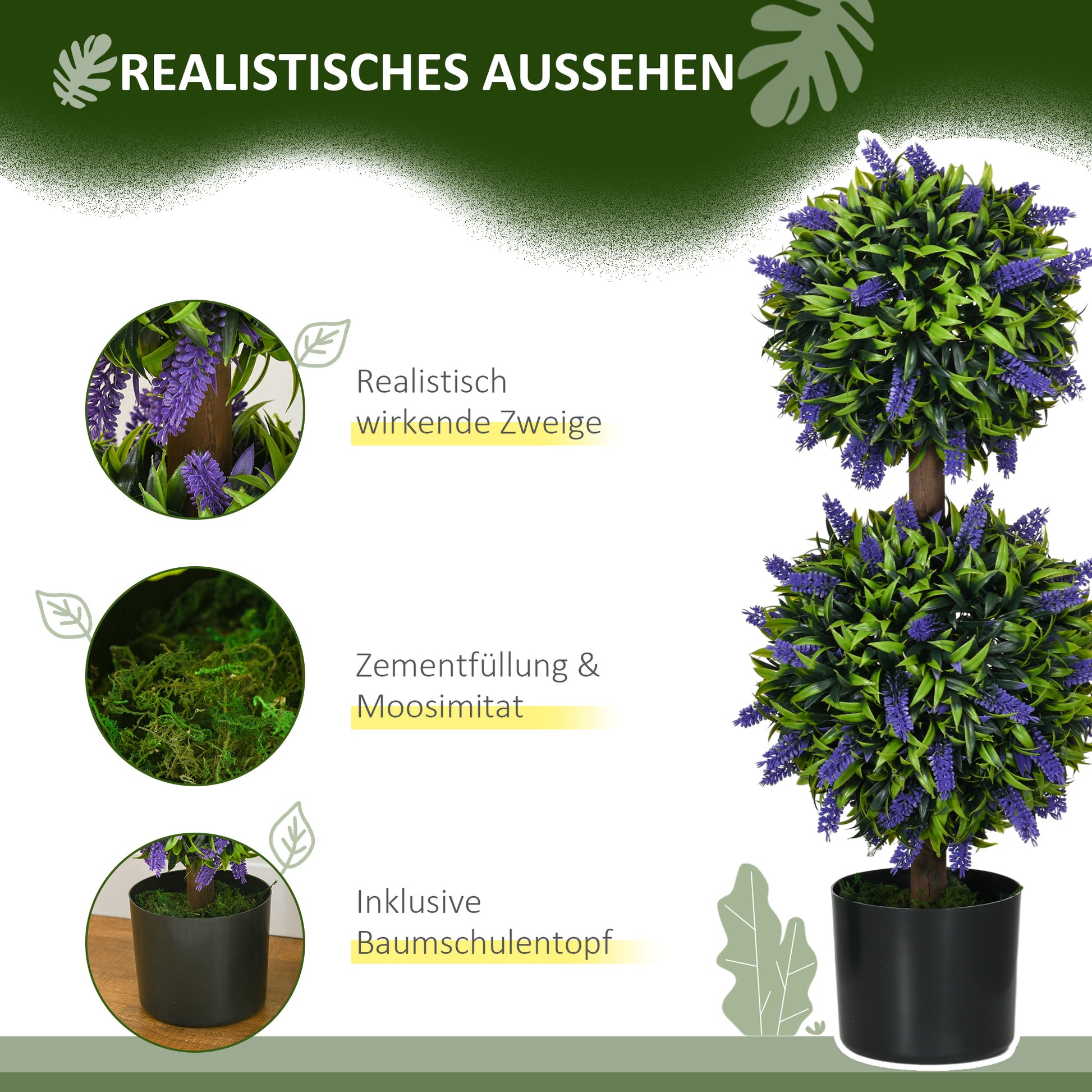 2-Piece Set Artificial Lavender Trees Large 70 cm Artificial Plant, Plastic Artificial Plants in Pot, UV-Resistant Artificial Flowers with 2 Spheres for Living Room Bedroom Office Garden
