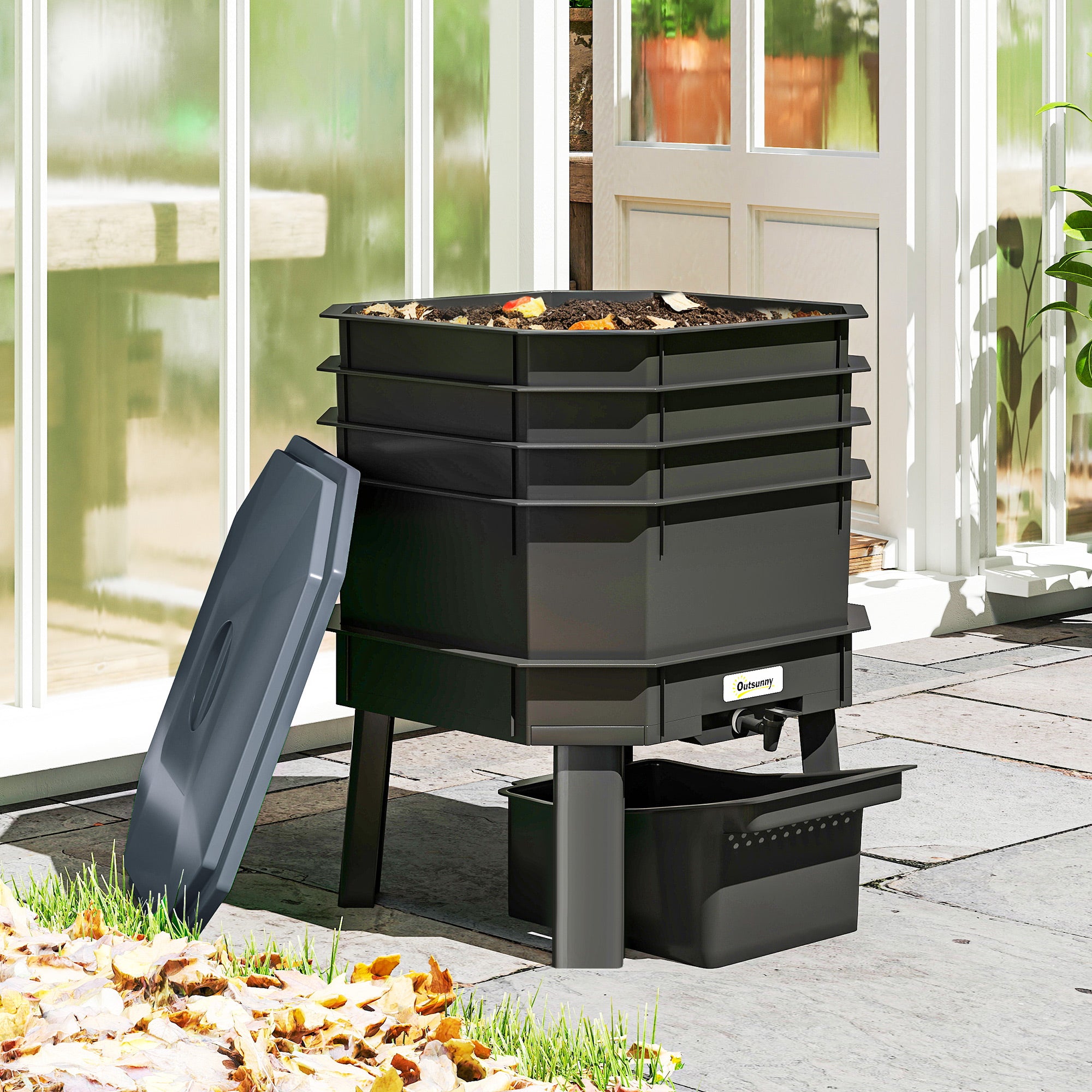 28 L (7.4 US gal) 4-Tier Worm Composter — Fast, Weather-Resistant Plastic Compost Bin for Kitchen, Balcony & Garden (39 x 39 x 51.5 cm)