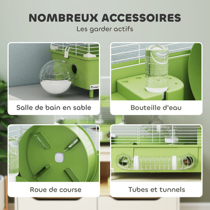 2-Level Hamster Cage, Small Rodent Habitat with Exercise Wheel, Sand Bath, Tubing System, for Dwarf Hamster, 44.5 x 28 x 44 cm, Green