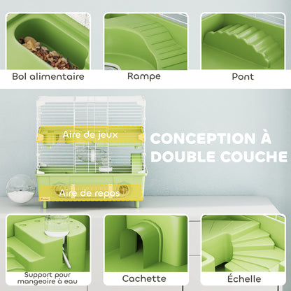 2-Level Hamster Cage, Small Rodent Habitat with Exercise Wheel, Sand Bath, Tubing System, for Dwarf Hamster, 44.5 x 28 x 44 cm, Green