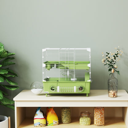 2-Level Hamster Cage, Small Rodent Habitat with Exercise Wheel, Sand Bath, Tubing System, for Dwarf Hamster, 44.5 x 28 x 44 cm, Green
