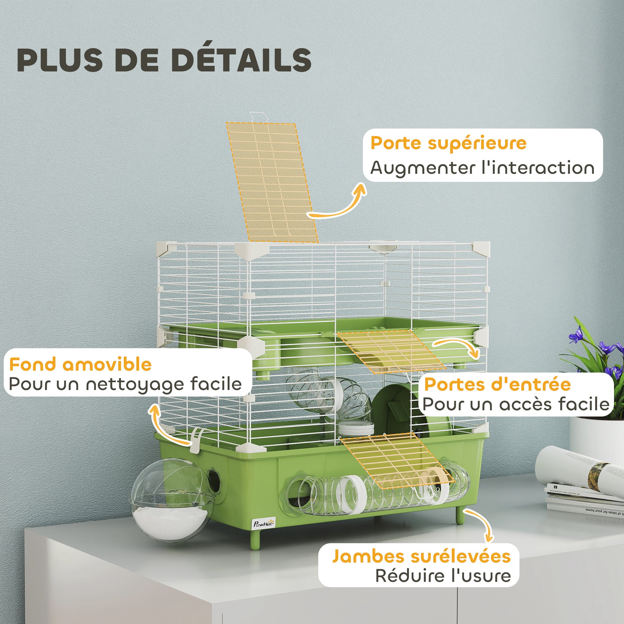 2-Level Hamster Cage, Small Rodent Habitat with Exercise Wheel, Sand Bath, Tubing System, for Dwarf Hamster, 44.5 x 28 x 44 cm, Green