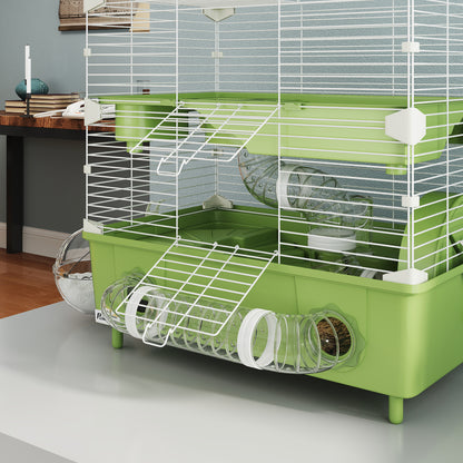 2-Level Hamster Cage, Small Rodent Habitat with Exercise Wheel, Sand Bath, Tubing System, for Dwarf Hamster, 44.5 x 28 x 44 cm, Green