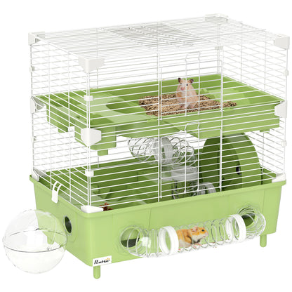 2-Level Hamster Cage, Small Rodent Habitat with Exercise Wheel, Sand Bath, Tubing System, for Dwarf Hamster, 44.5 x 28 x 44 cm, Green