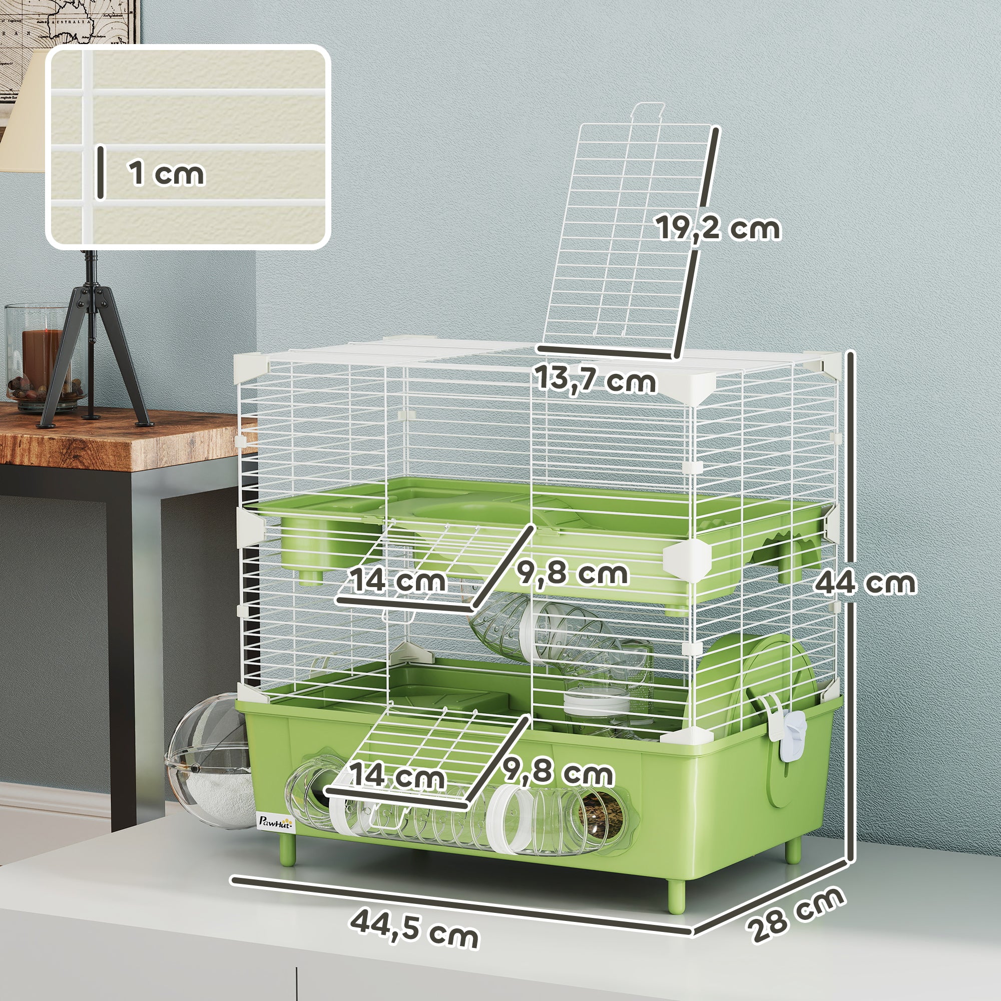 2-Level Hamster Cage, Small Rodent Habitat with Exercise Wheel, Sand Bath, Tubing System, for Dwarf Hamster, 44.5 x 28 x 44 cm, Green