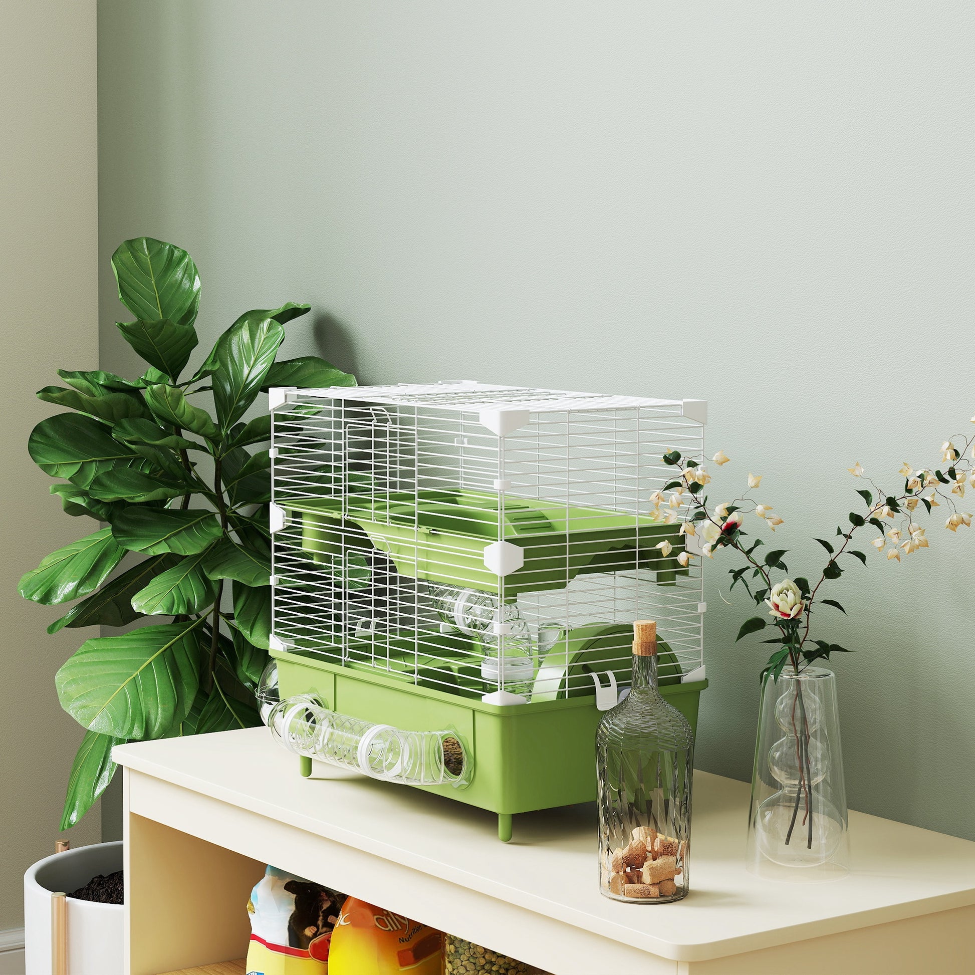 2-Level Hamster Cage, Small Rodent Habitat with Exercise Wheel, Sand Bath, Tubing System, for Dwarf Hamster, 44.5 x 28 x 44 cm, Green