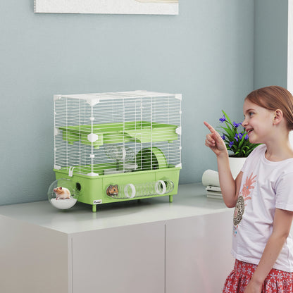 2-Level Hamster Cage, Small Rodent Habitat with Exercise Wheel, Sand Bath, Tubing System, for Dwarf Hamster, 44.5 x 28 x 44 cm, Green