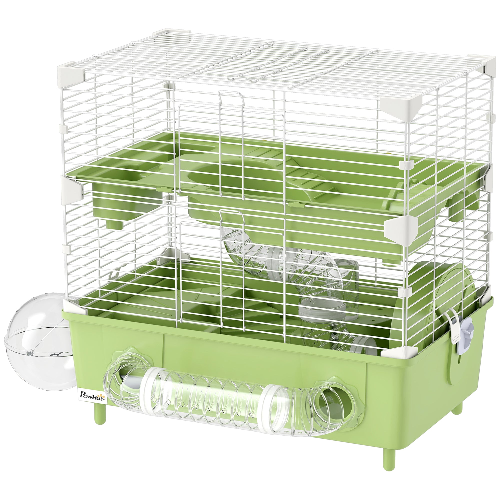 2-Level Hamster Cage, Small Rodent Habitat with Exercise Wheel, Sand Bath, Tubing System, for Dwarf Hamster, 44.5 x 28 x 44 cm, Green