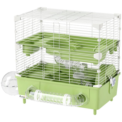2-Level Hamster Cage, Small Rodent Habitat with Exercise Wheel, Sand Bath, Tubing System, for Dwarf Hamster, 44.5 x 28 x 44 cm, Green