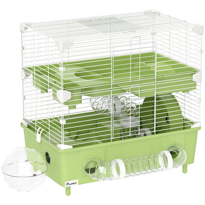 2-Level Hamster Cage, Small Rodent Habitat with Exercise Wheel, Sand Bath, Tubing System, for Dwarf Hamster, 44.5 x 28 x 44 cm, Green