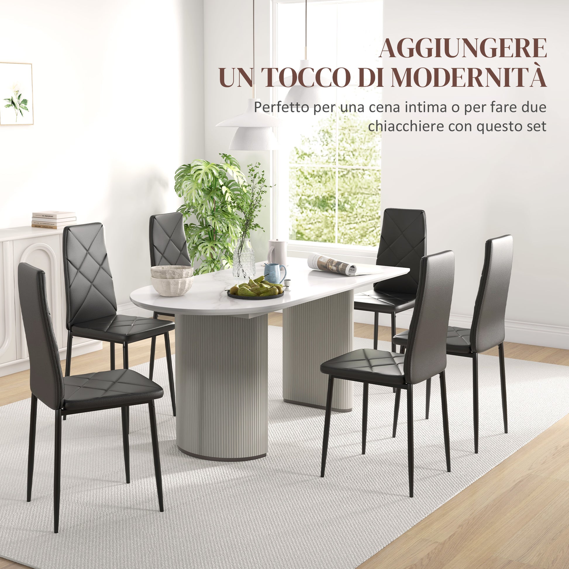 Set of 6 Upholstered High-Back Dining Chairs, Kitchen Chairs in Faux Leather with Diamond Stitching, Non-Slip Feet and Steel Legs for Dining Room, 41x50x97 cm, Black