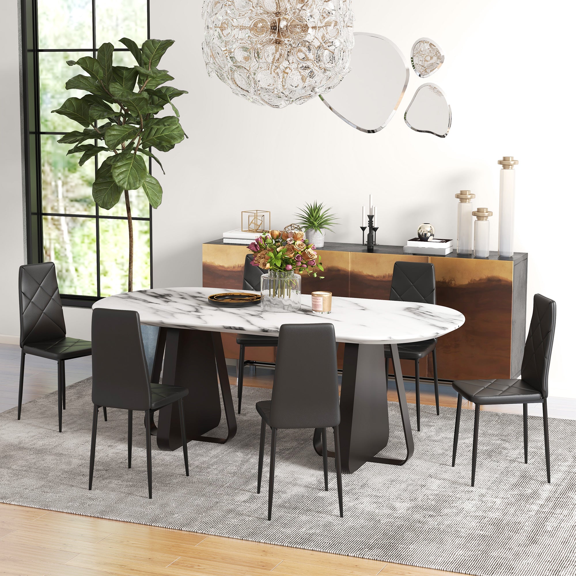 Set of 6 Upholstered High-Back Dining Chairs, Kitchen Chairs in Faux Leather with Diamond Stitching, Non-Slip Feet and Steel Legs for Dining Room, 41x50x97 cm, Black