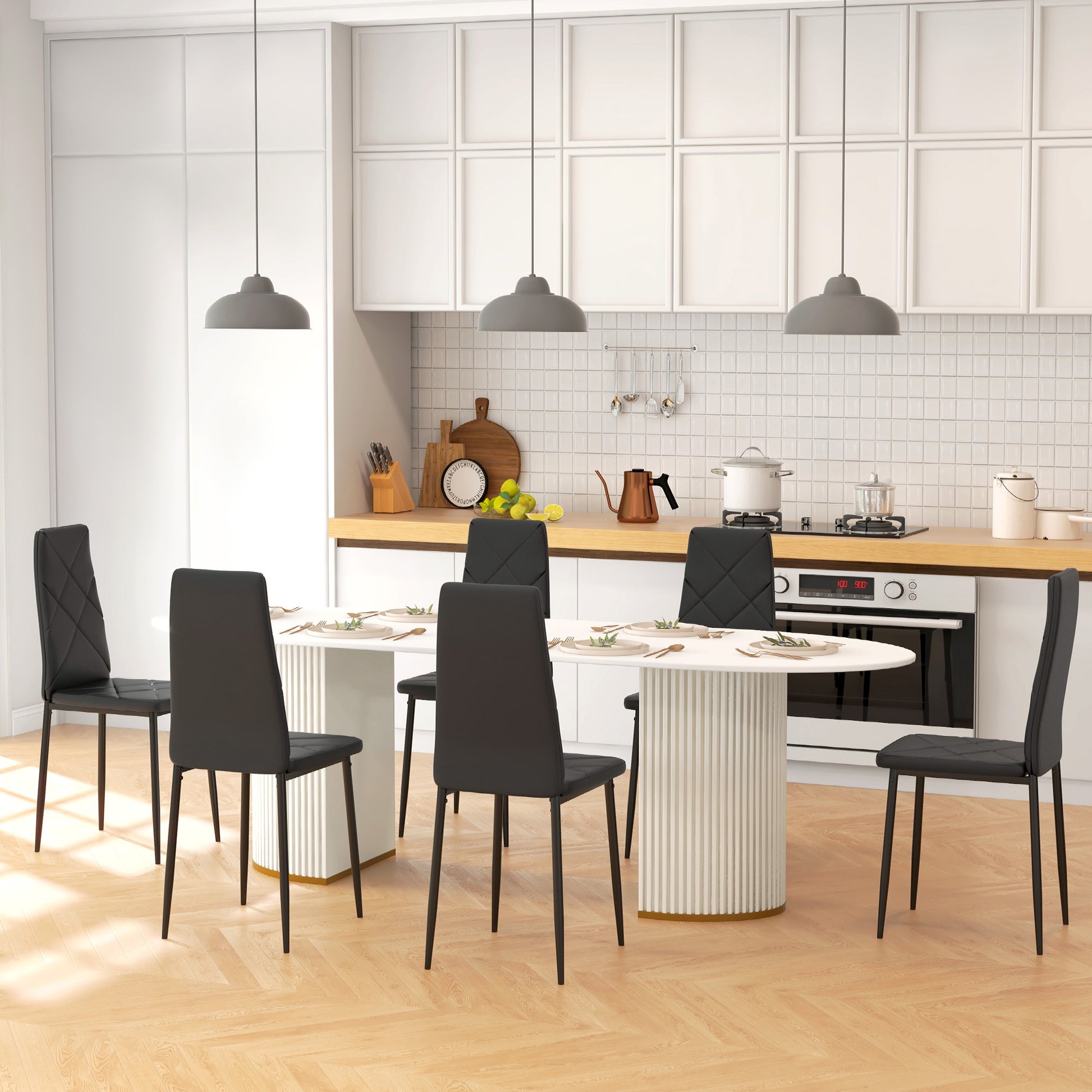 Set of 6 Upholstered High-Back Dining Chairs, Kitchen Chairs in Faux Leather with Diamond Stitching, Non-Slip Feet and Steel Legs for Dining Room, 41x50x97 cm, Black