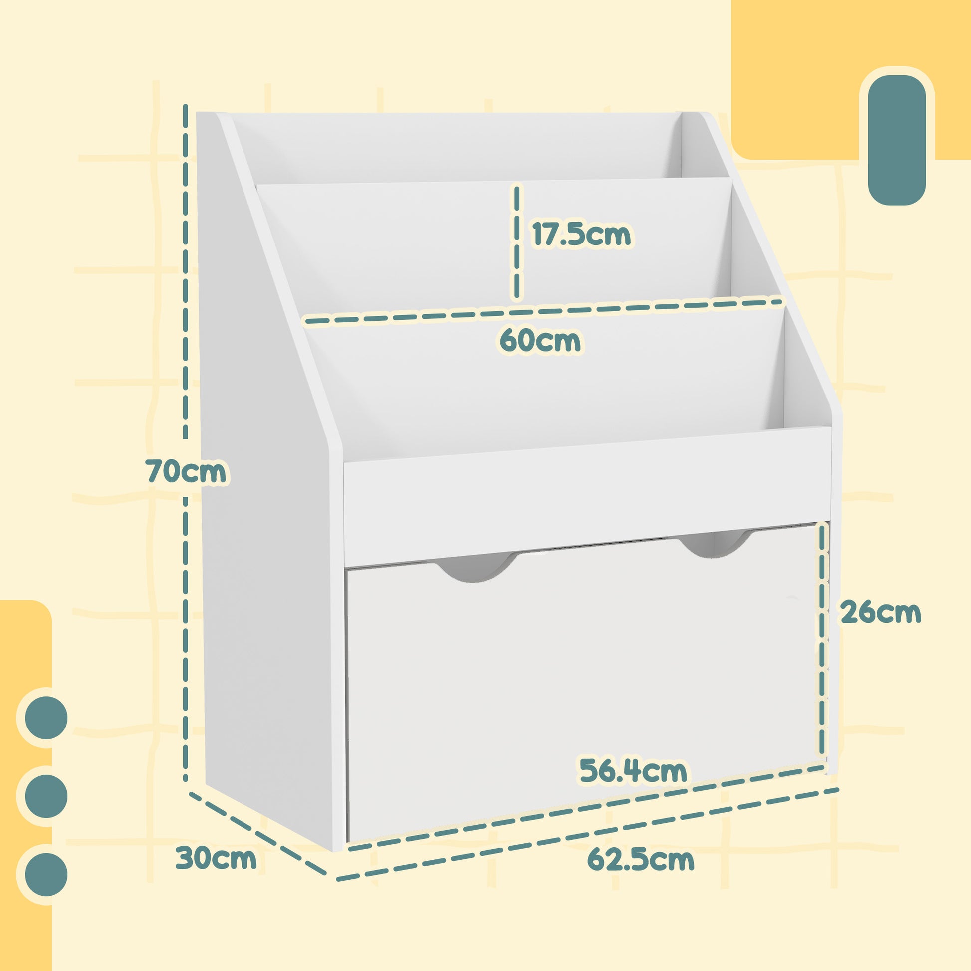 Children's Bookcase 3-8 Years with 3 Shelves and Bottom Drawer, MDF Wood Toy Shelf, 62.5x30x70 cm, White