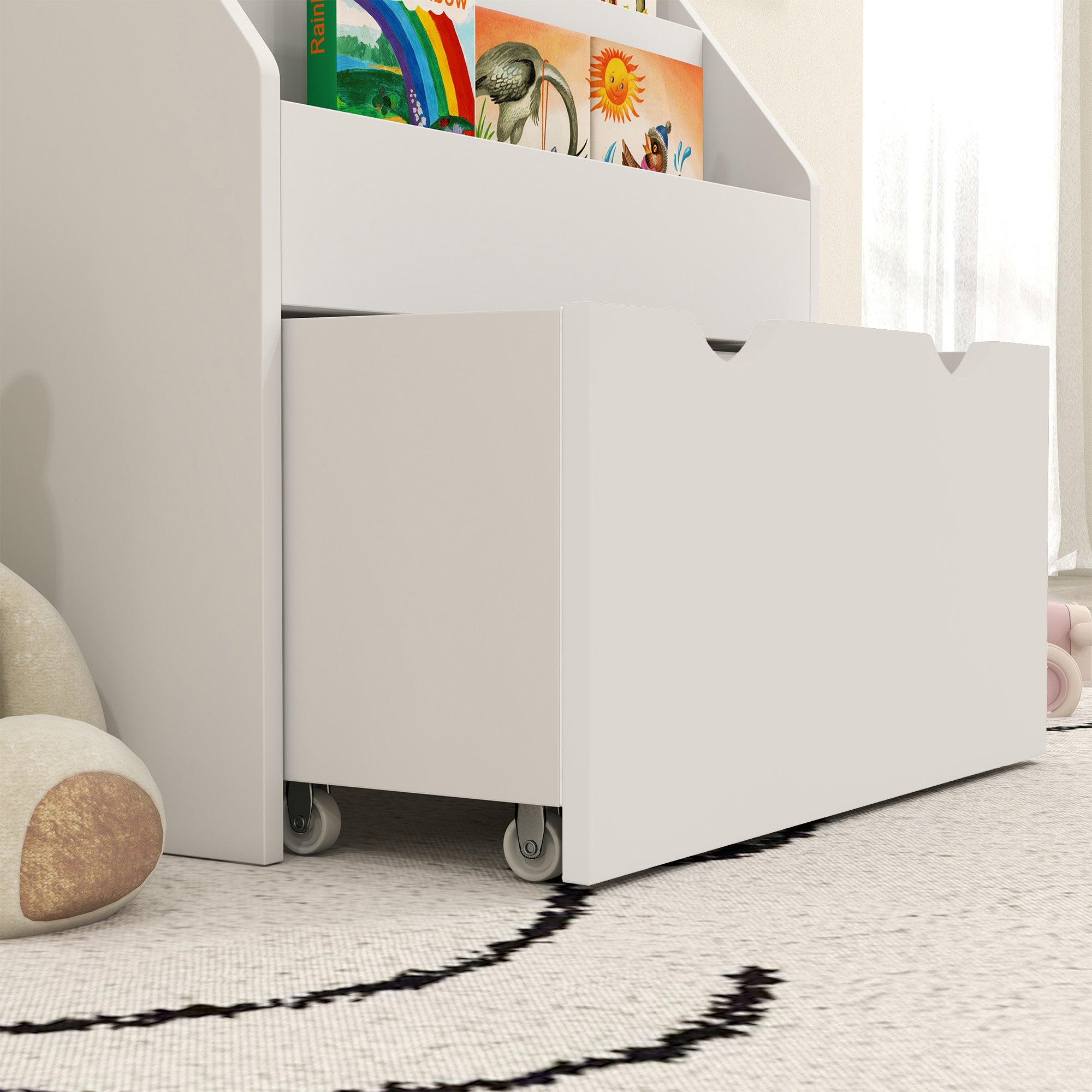 Children's Bookcase 3-8 Years with 3 Shelves and Bottom Drawer, MDF Wood Toy Shelf, 62.5x30x70 cm, White