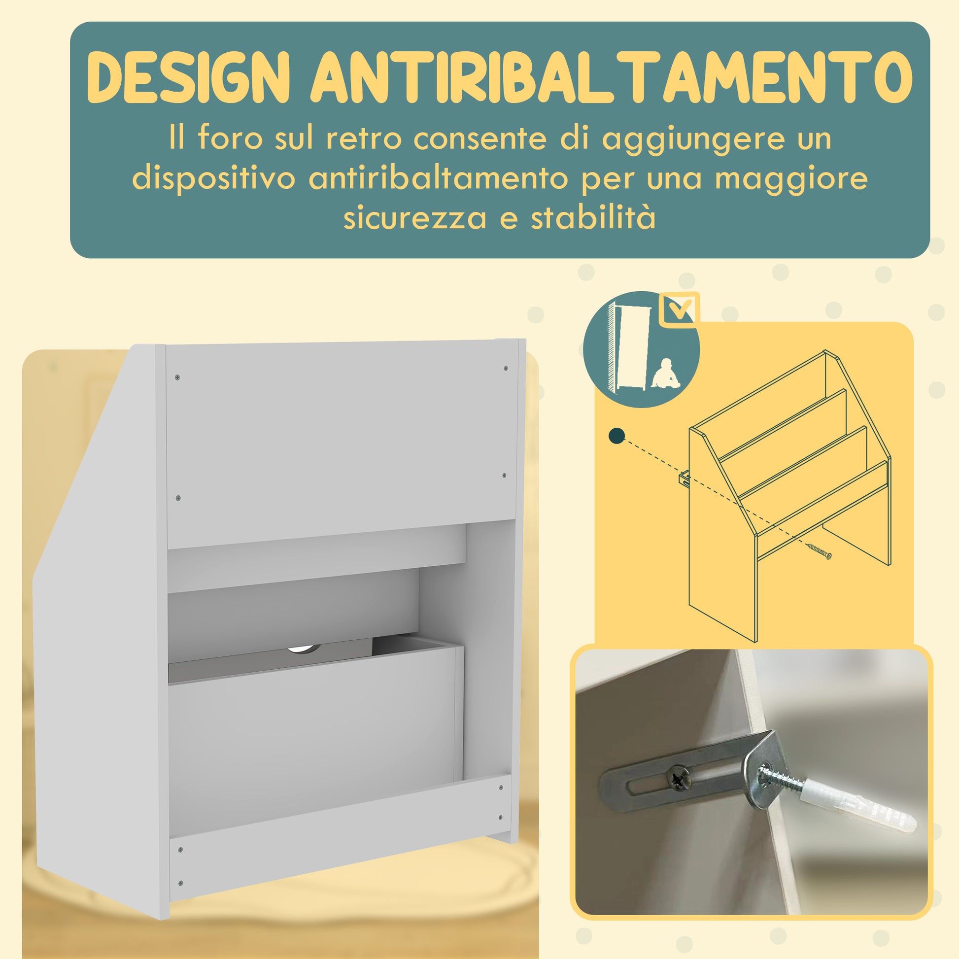 Children's Bookcase 3-8 Years with 3 Shelves and Bottom Drawer, MDF Wood Toy Shelf, 62.5x30x70 cm, White