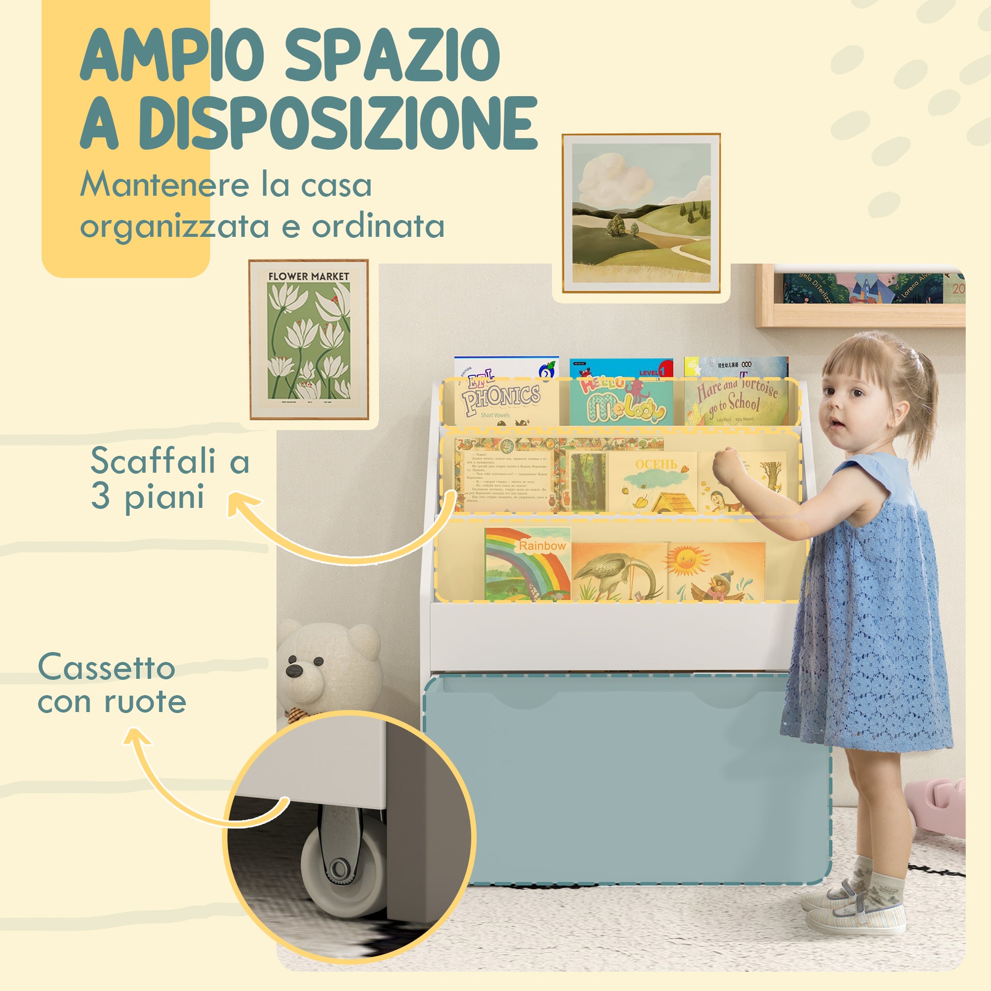Children's Bookcase 3-8 Years with 3 Shelves and Bottom Drawer, MDF Wood Toy Shelf, 62.5x30x70 cm, White
