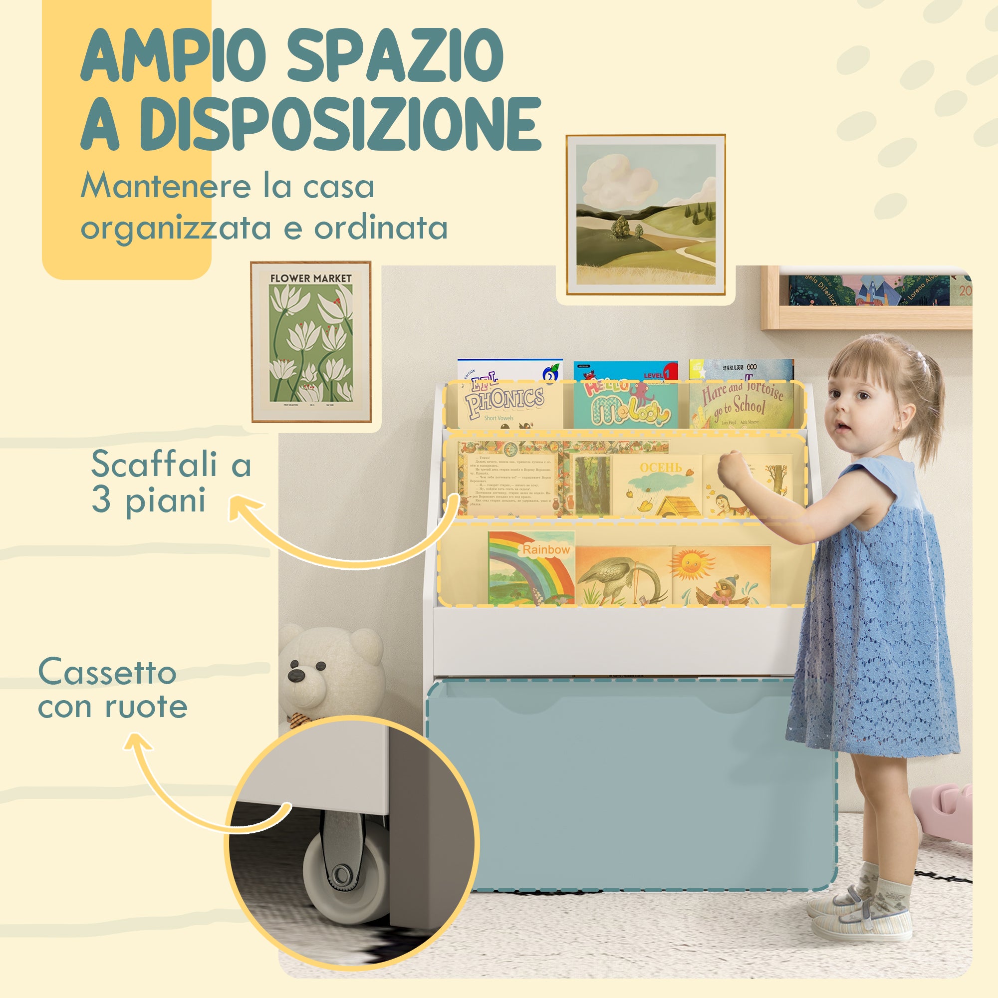 Children's Bookcase 3-8 Years with 3 Shelves and Bottom Drawer, MDF Wood Toy Shelf, 62.5x30x70 cm, White
