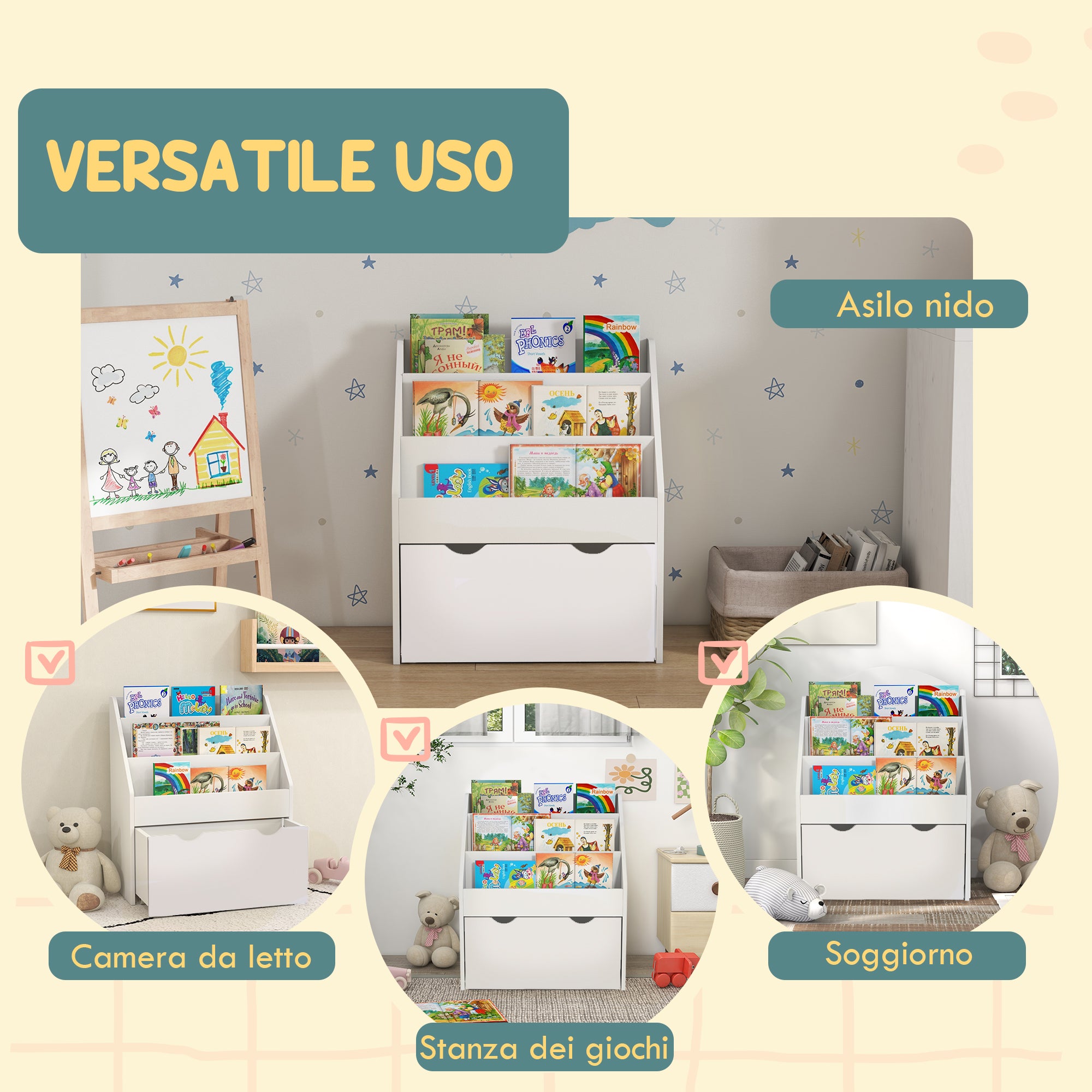 Children's Bookcase 3-8 Years with 3 Shelves and Bottom Drawer, MDF Wood Toy Shelf, 62.5x30x70 cm, White