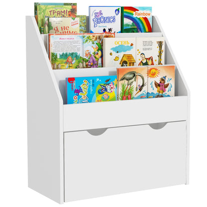 Children's Bookcase 3-8 Years with 3 Shelves and Bottom Drawer, MDF Wood Toy Shelf, 62.5x30x70 cm, White