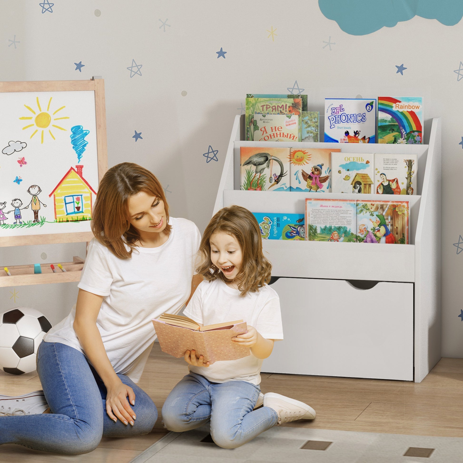 Children's Bookcase 3-8 Years with 3 Shelves and Bottom Drawer, MDF Wood Toy Shelf, 62.5x30x70 cm, White
