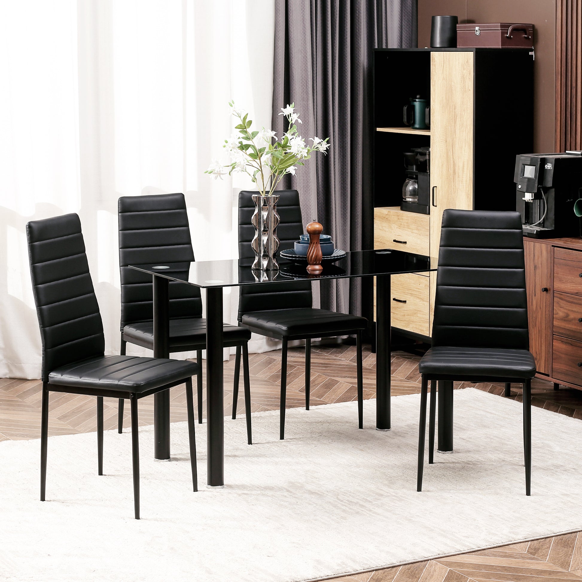 5 Piece Dining Set, Dining Table with 4 Chairs, Kitchen Table with Tempered Glass Top, Dining Group, Dining Furniture, Dining Set for Kitchen, Dining Room, Steel, Black