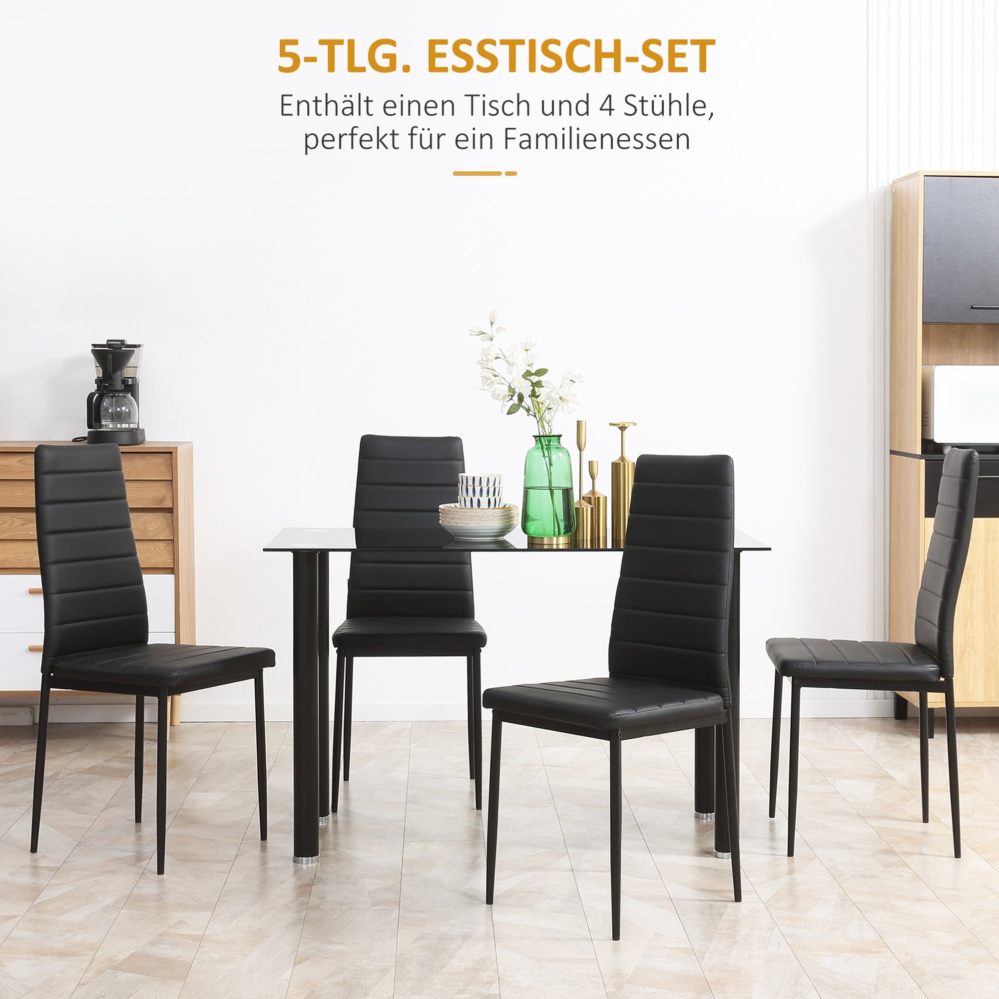 5 Piece Dining Set, Dining Table with 4 Chairs, Kitchen Table with Tempered Glass Top, Dining Group, Dining Furniture, Dining Set for Kitchen, Dining Room, Steel, Black