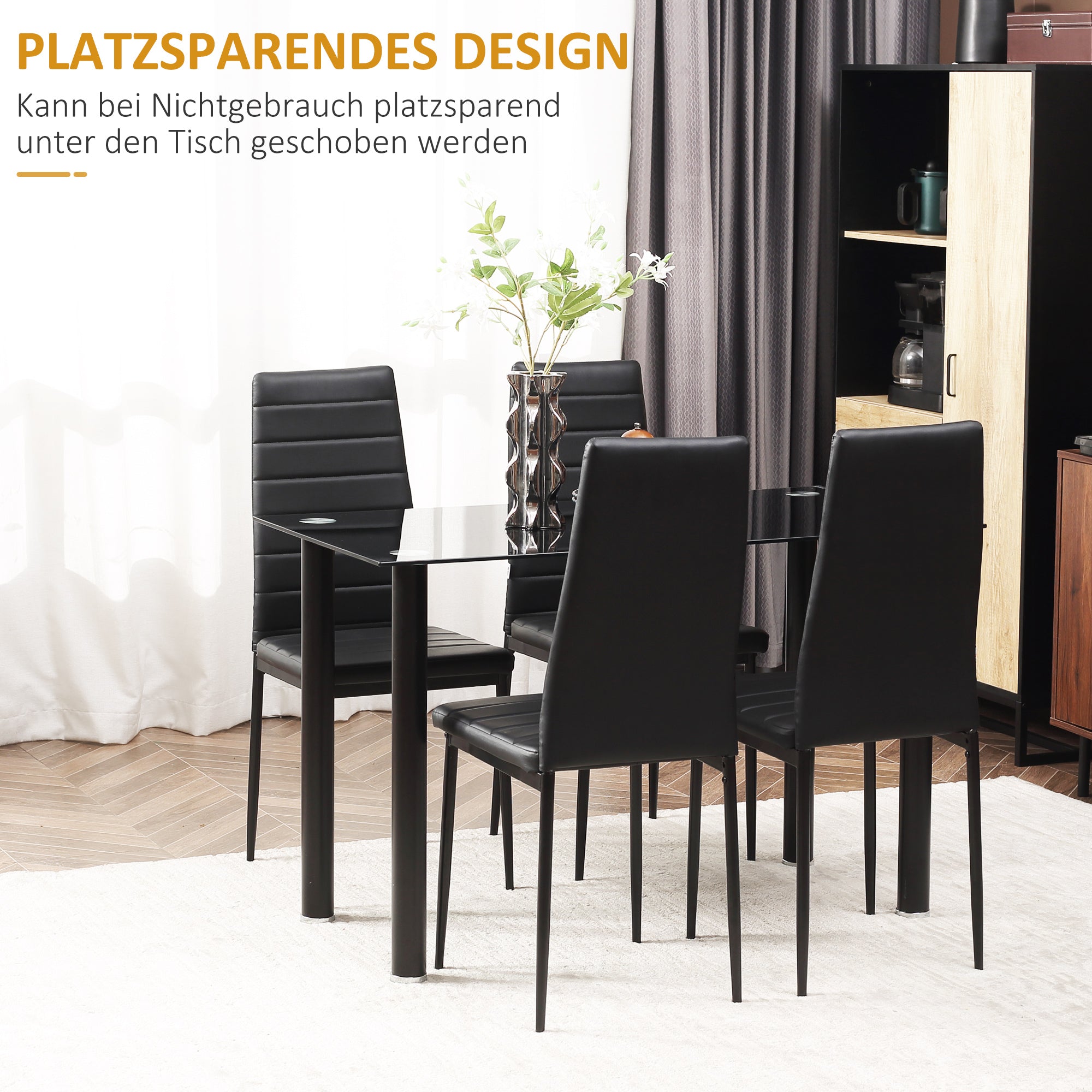 5 Piece Dining Set, Dining Table with 4 Chairs, Kitchen Table with Tempered Glass Top, Dining Group, Dining Furniture, Dining Set for Kitchen, Dining Room, Steel, Black
