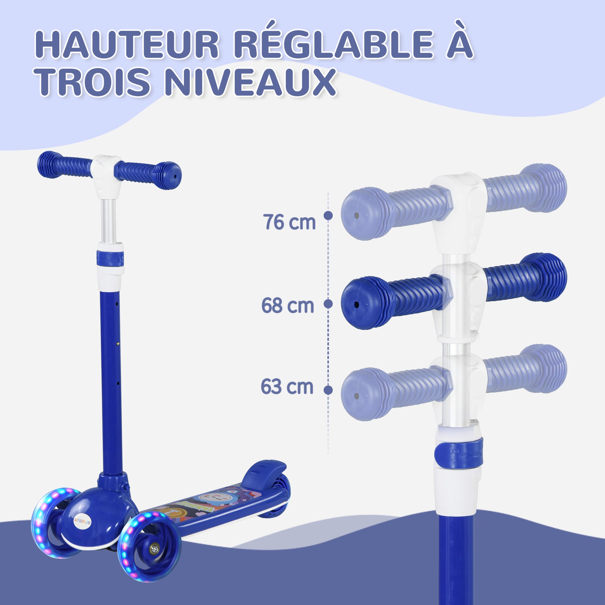 Kids Scooter - 3-Wheel Scooter with Bright LED Wheels - Adjustable TPE Handlebars - Rear Friction Brake - Steel PP for Children aged 2 to 6 years Blue