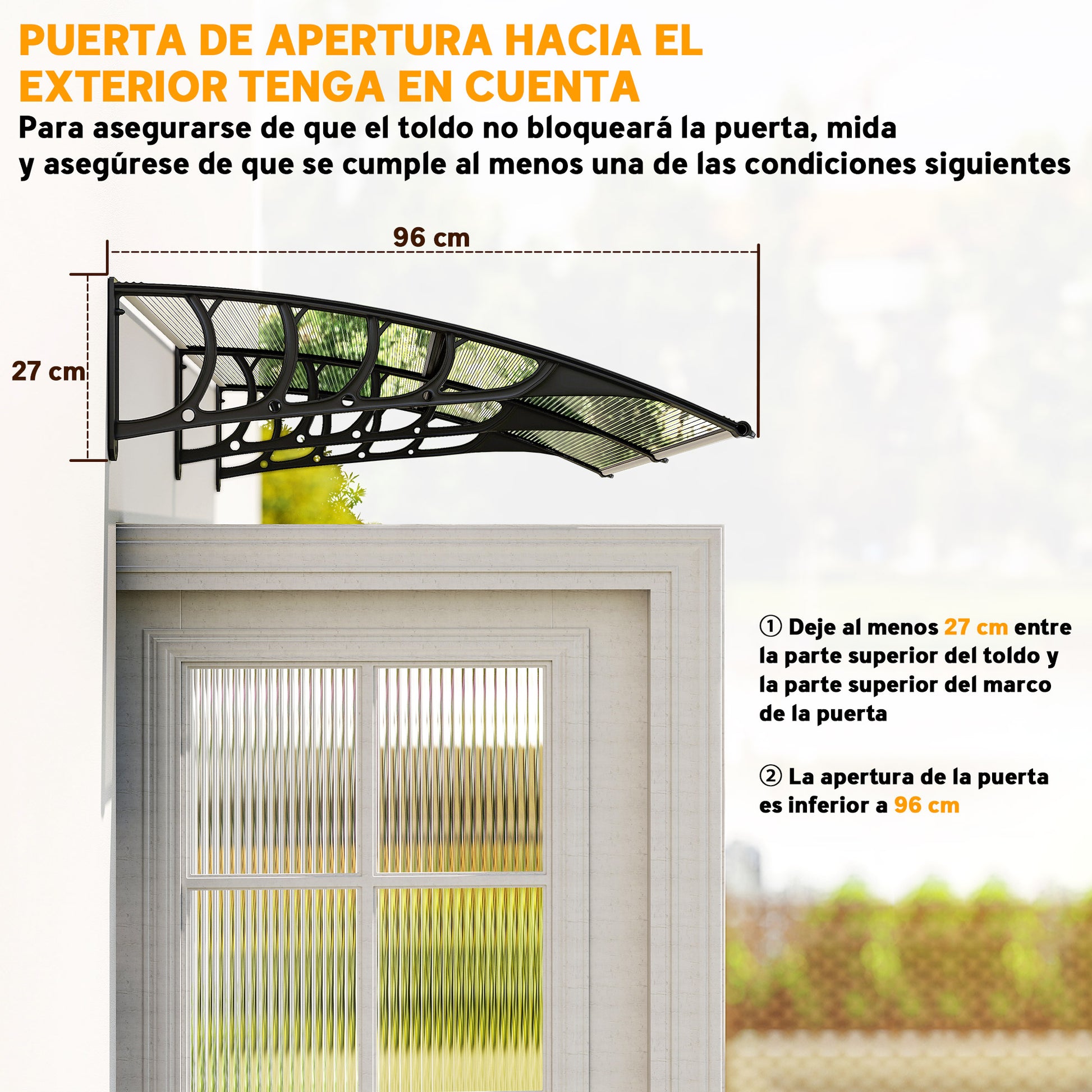 Protective Awning 200x96x27 cm Exterior Canopy for Doors and Windows against Sun and Rain with PP Polycarbonate Transparent Support