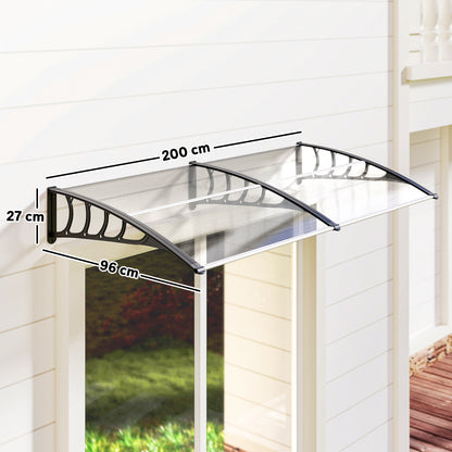Protective Awning 200x96x27 cm Exterior Canopy for Doors and Windows against Sun and Rain with PP Polycarbonate Transparent Support