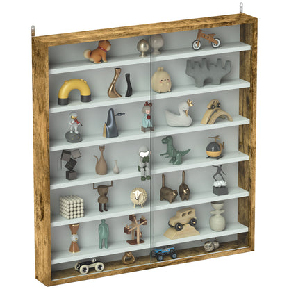 Wall Display Cabinet for Collectibles, 31.5" x 3.7" x 32.7" with 6 Adjustable Shelves and 2 Sliding Glass Doors, Rustic Brown
