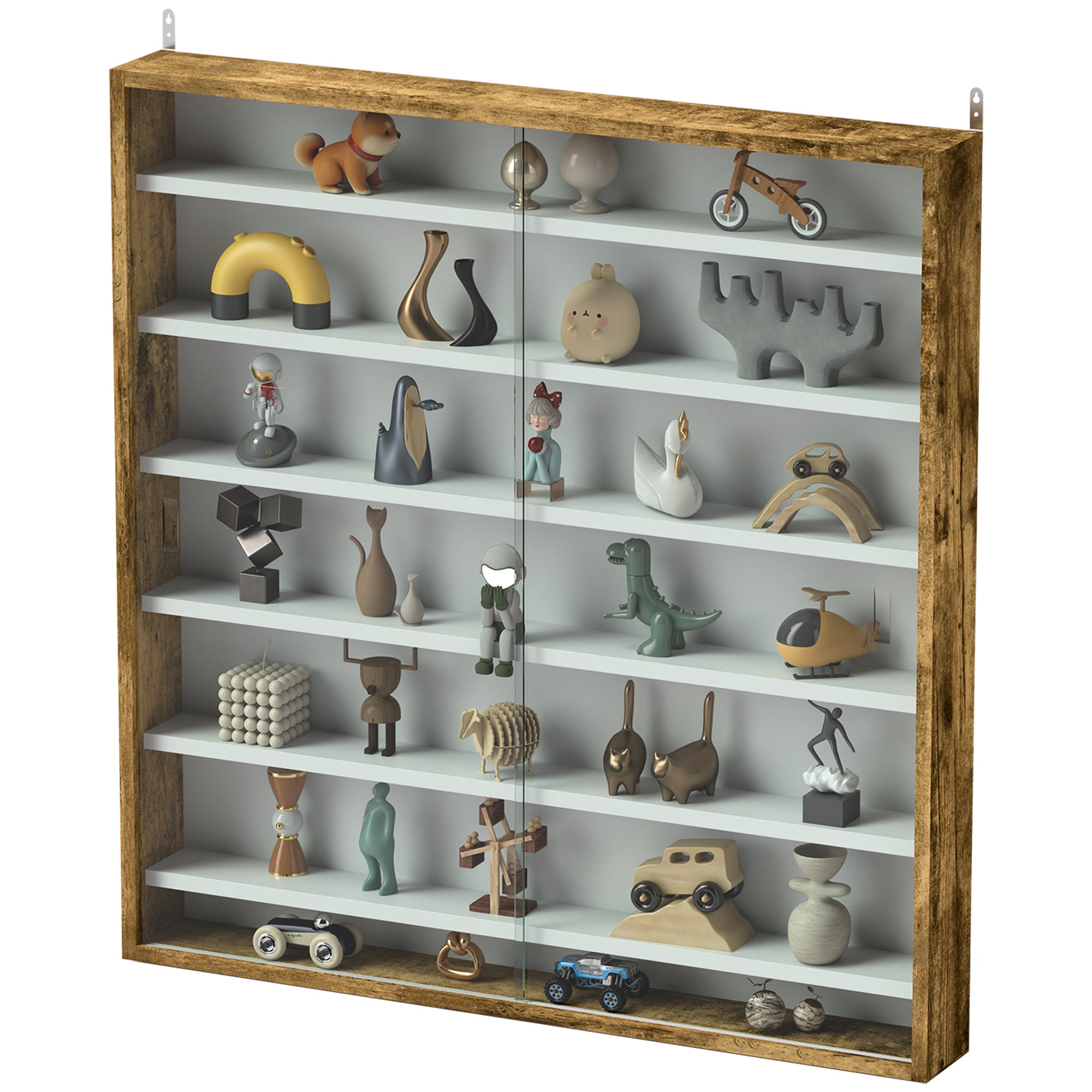 Wall Display Cabinet for Collectibles, 31.5" x 3.7" x 32.7" with 6 Adjustable Shelves and 2 Sliding Glass Doors, Rustic Brown